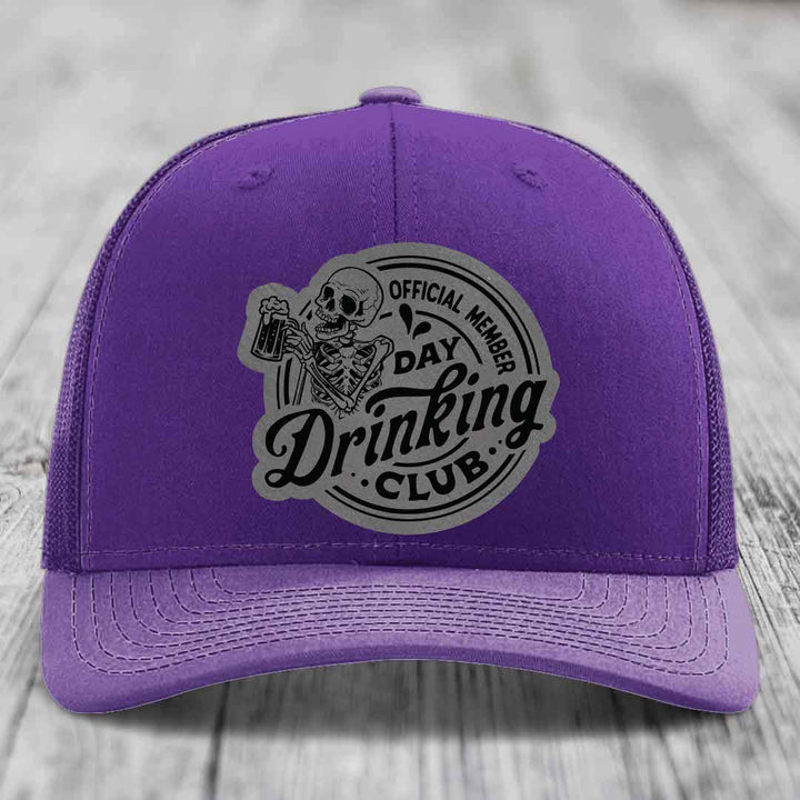 Official Member, Day Drinking Club - Leather Patch Hat - Grey to Black Patch - Richardson 112 Snapback Trucker Hat