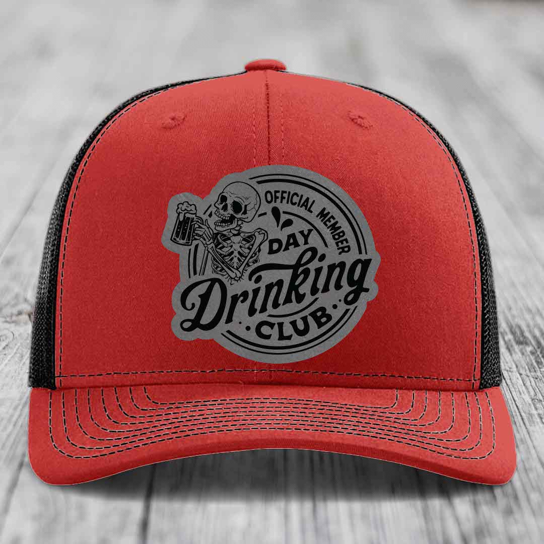 Official Member, Day Drinking Club - Leather Patch Hat - Grey to Black Patch - Richardson 112 Snapback Trucker Hat