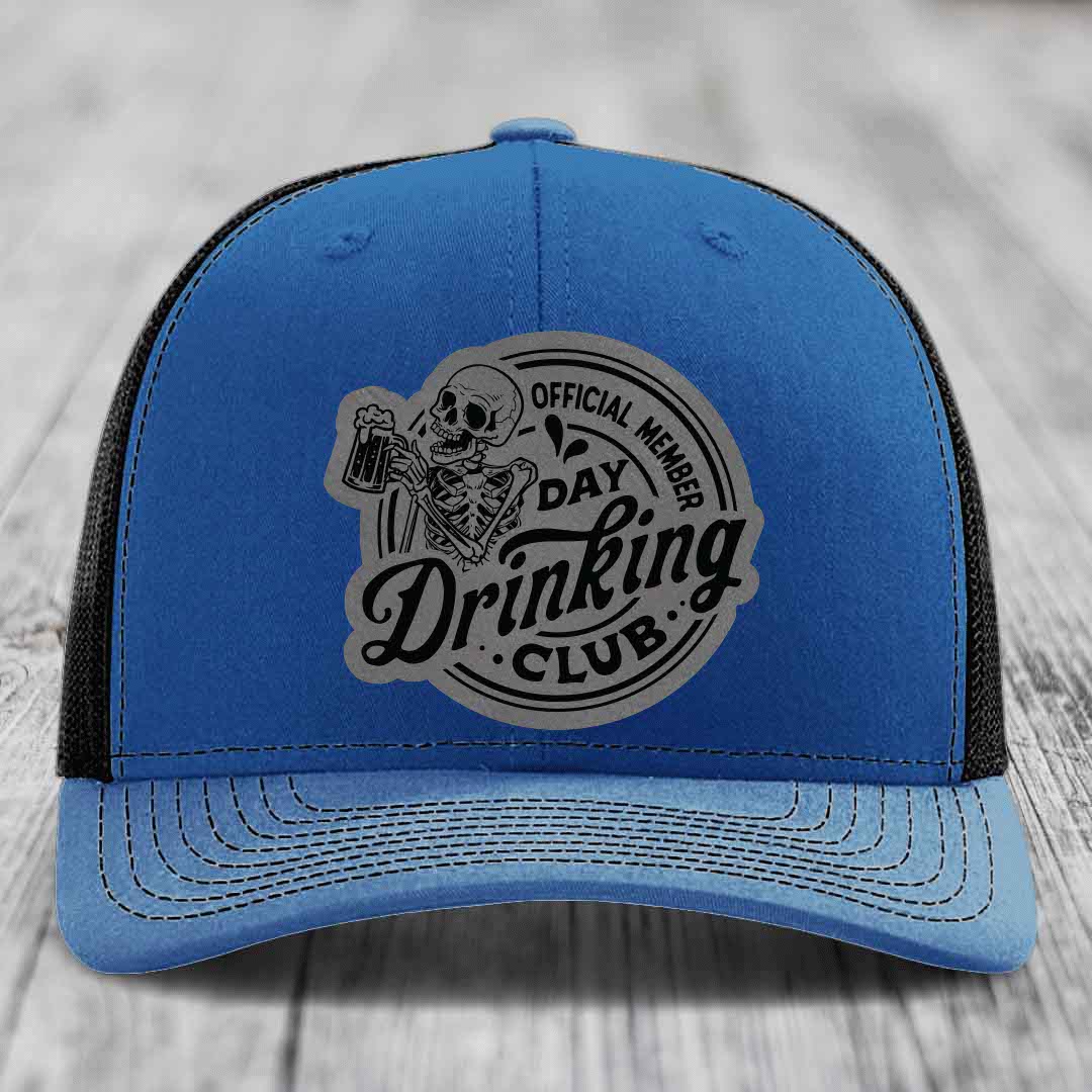 Official Member, Day Drinking Club - Leather Patch Hat - Grey to Black Patch - Richardson 112 Snapback Trucker Hat
