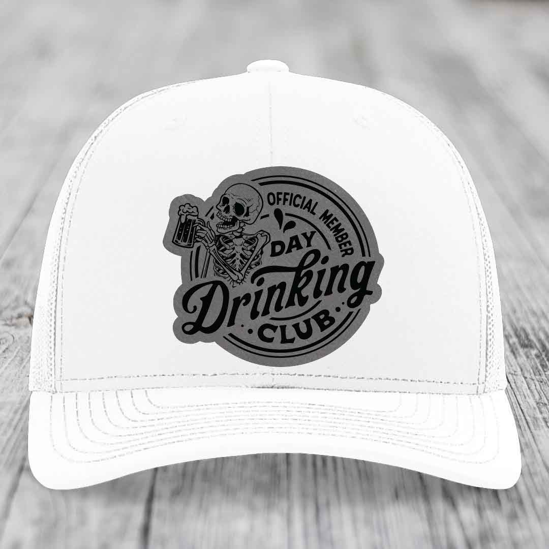Official Member, Day Drinking Club - Leather Patch Hat - Grey to Black Patch - Richardson 112 Snapback Trucker Hat