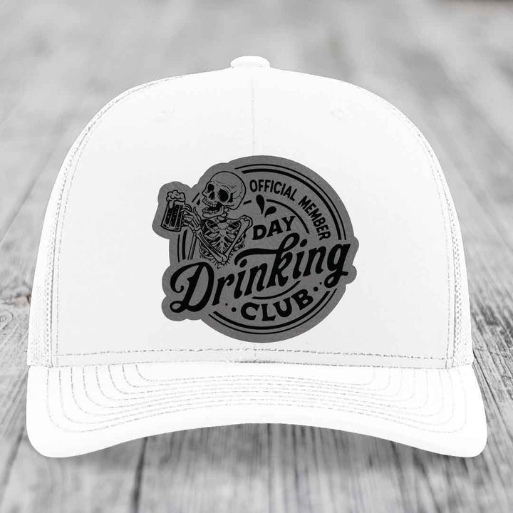 Official Member, Day Drinking Club - Leather Patch Hat - Grey to Black Patch - Richardson 112 Snapback Trucker Hat