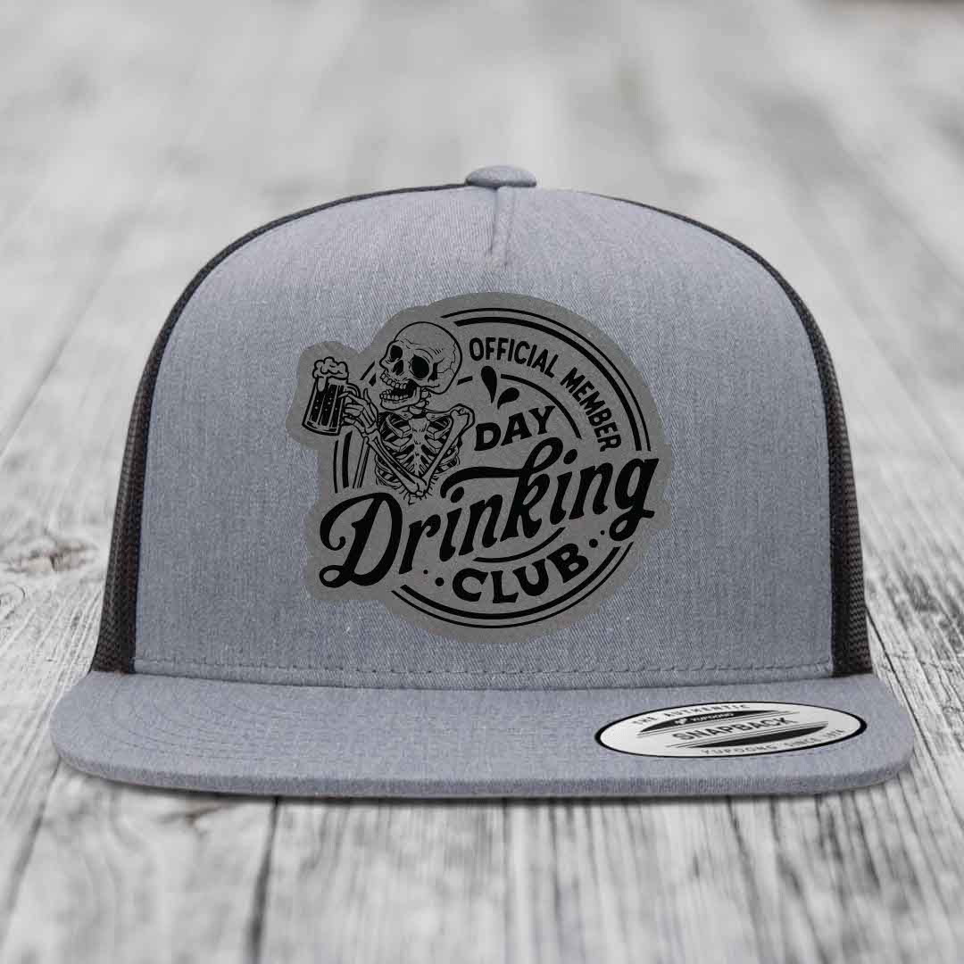 Official Member, Day Drinking Club - Leather Patch Hat - Grey to Black Patch - Yupoong 6006 Snapback Flatbill Hat