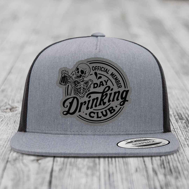 Official Member, Day Drinking Club - Leather Patch Hat - Grey to Black Patch - Yupoong 6006 Snapback Flatbill Hat