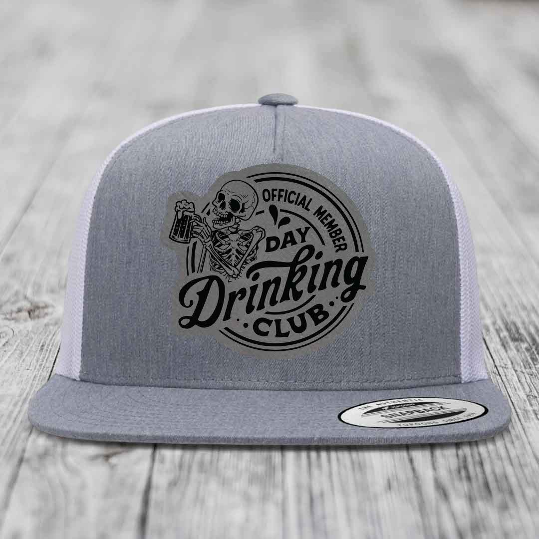 Official Member, Day Drinking Club - Leather Patch Hat - Grey to Black Patch - Yupoong 6006 Snapback Flatbill Hat