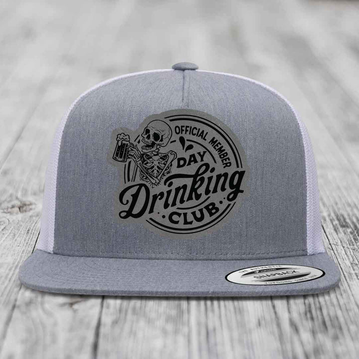 Official Member, Day Drinking Club - Leather Patch Hat - Grey to Black Patch - Yupoong 6006 Snapback Flatbill Hat