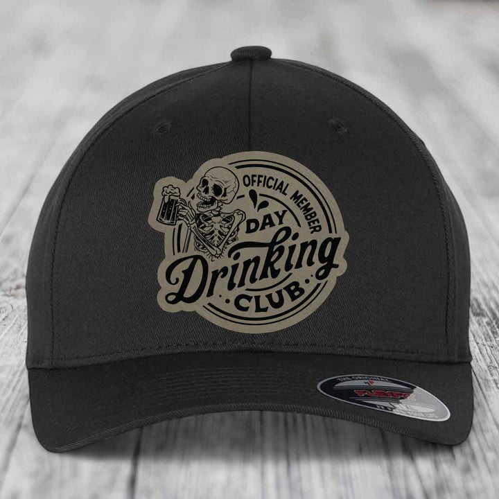 Official Member, Day Drinking Club - Leather Patch Hat - Light Brown to Black Patch - Flexfit 6277 Fitted Hat