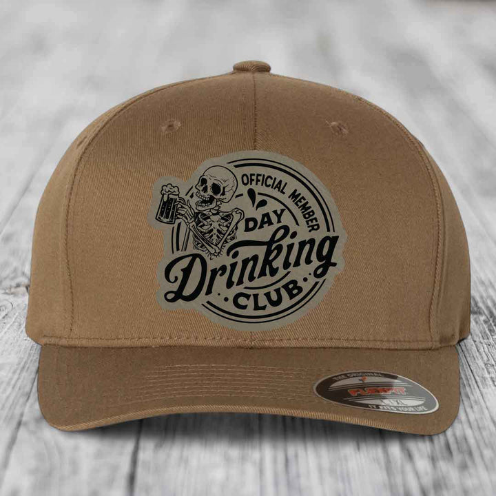 Official Member, Day Drinking Club - Leather Patch Hat - Light Brown to Black Patch - Flexfit 6277 Fitted Hat