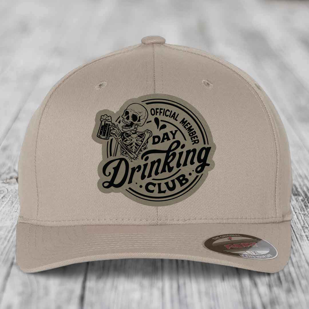 Official Member, Day Drinking Club - Leather Patch Hat - Light Brown to Black Patch - Flexfit 6277 Fitted Hat