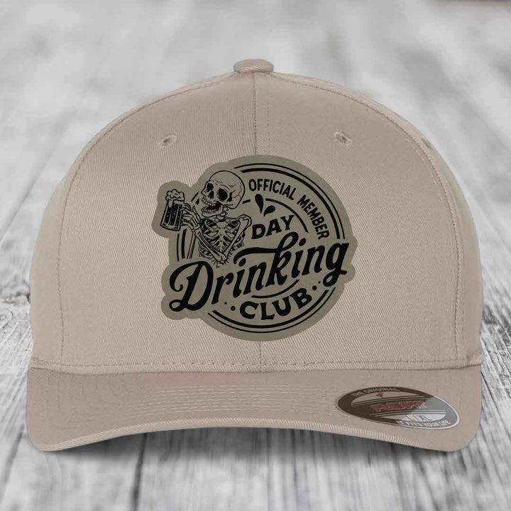 Official Member, Day Drinking Club - Leather Patch Hat - Light Brown to Black Patch - Flexfit 6277 Fitted Hat