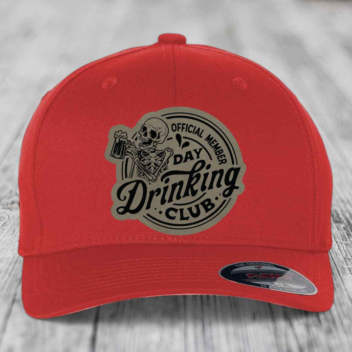 Official Member, Day Drinking Club - Leather Patch Hat - Light Brown to Black Patch - Flexfit 6277 Fitted Hat