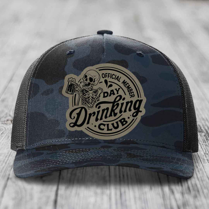 Official Member, Day Drinking Club - Leather Patch Hat - Light Brown to Black Patch - Richardson 112PFP Snapback Trucker Hat