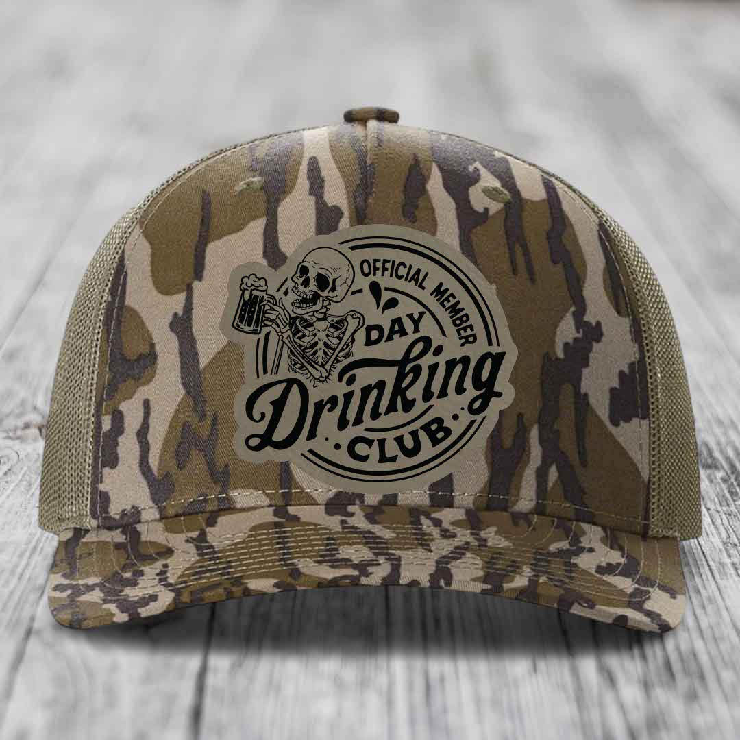 Official Member, Day Drinking Club - Leather Patch Hat - Light Brown to Black Patch - Richardson 112PFP Snapback Trucker Hat