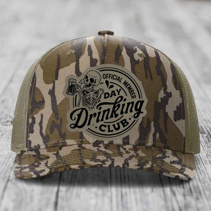 Official Member, Day Drinking Club - Leather Patch Hat - Light Brown to Black Patch - Richardson 112PFP Snapback Trucker Hat