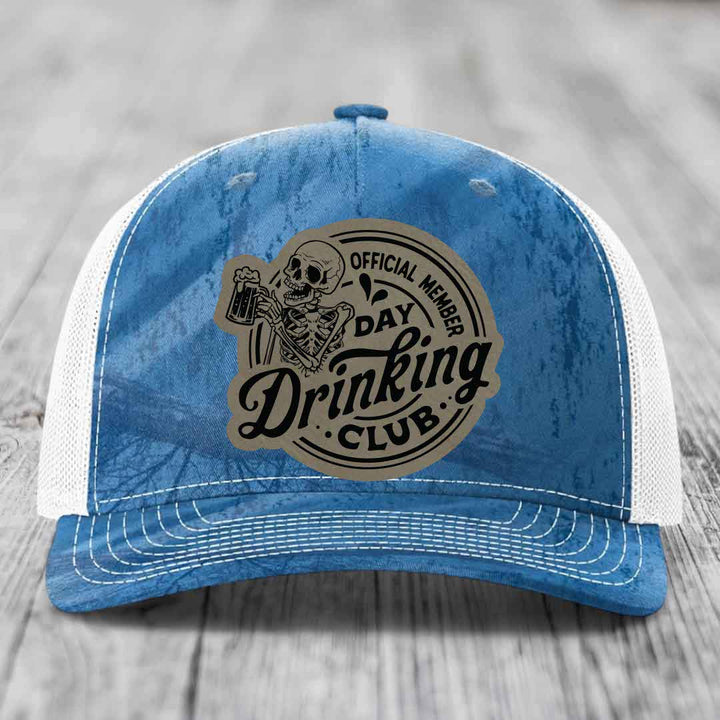 Official Member, Day Drinking Club - Leather Patch Hat - Light Brown to Black Patch - Richardson 112PFP Snapback Trucker Hat