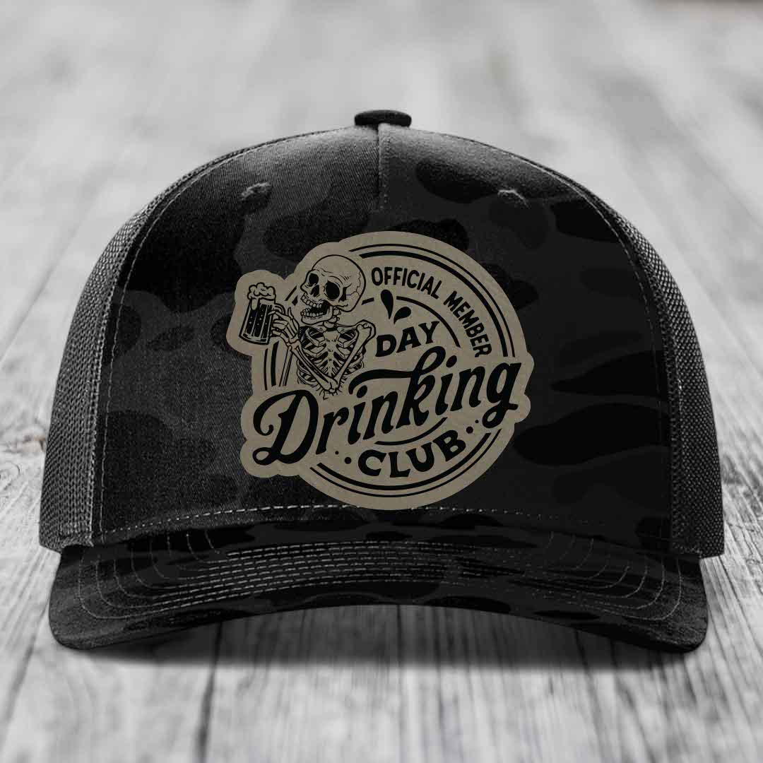 Official Member, Day Drinking Club - Leather Patch Hat - Light Brown to Black Patch - Richardson 112PFP Snapback Trucker Hat