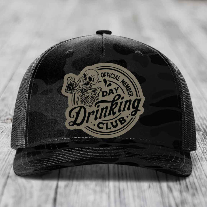 Official Member, Day Drinking Club - Leather Patch Hat - Light Brown to Black Patch - Richardson 112PFP Snapback Trucker Hat