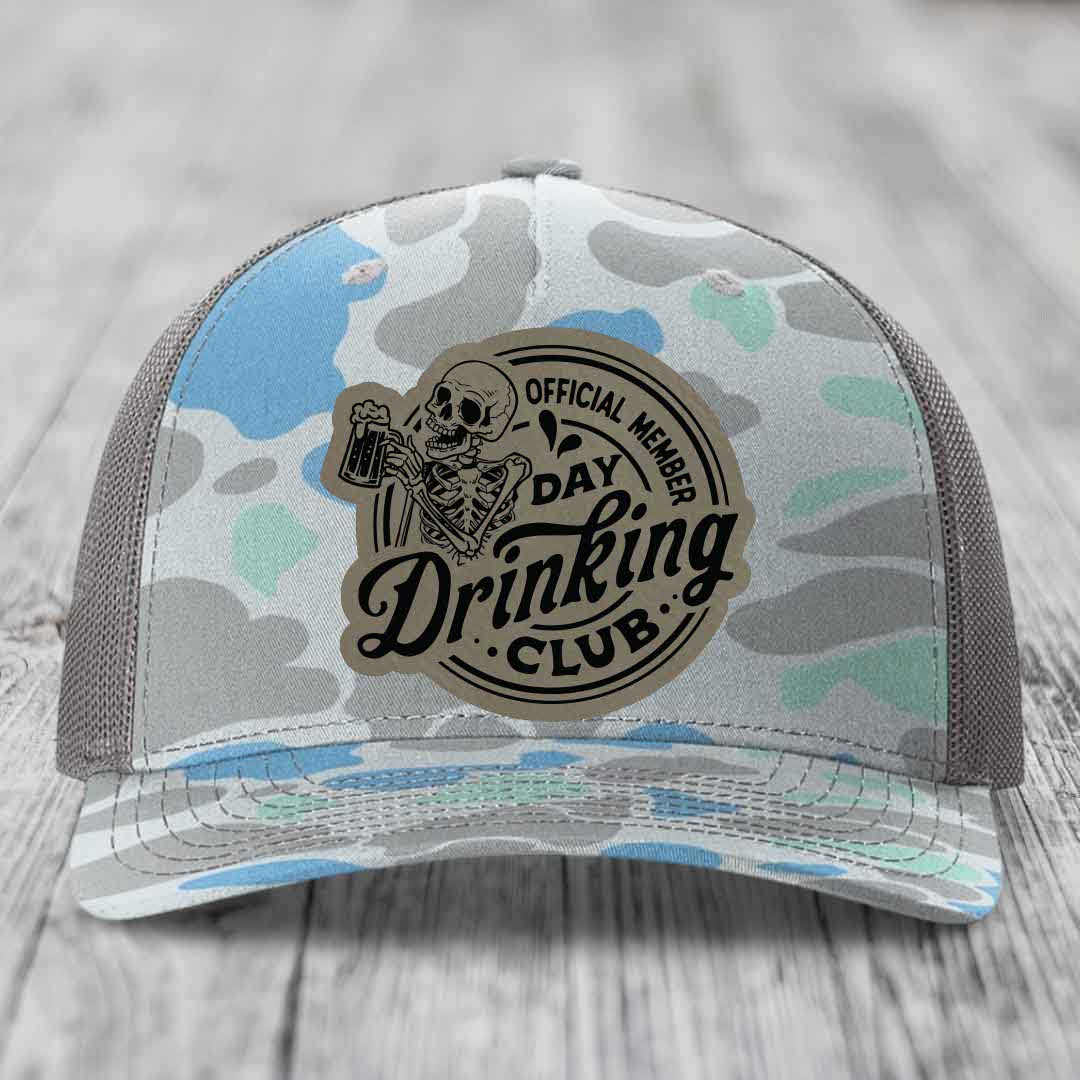Official Member, Day Drinking Club - Leather Patch Hat - Light Brown to Black Patch - Richardson 112PFP Snapback Trucker Hat