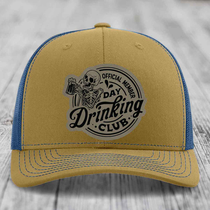 Official Member, Day Drinking Club - Leather Patch Hat - Light Brown to Black Patch - Richardson 112 Snapback Trucker Hat