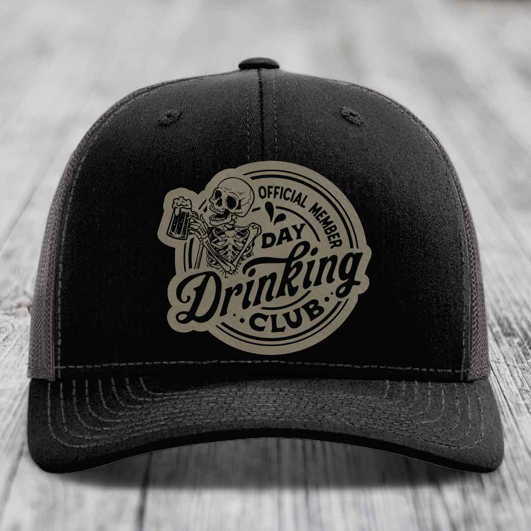 Official Member, Day Drinking Club - Leather Patch Hat - Light Brown to Black Patch - Richardson 112 Snapback Trucker Hat