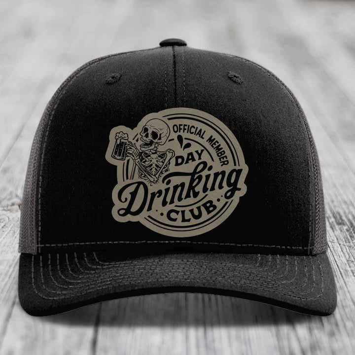 Official Member, Day Drinking Club - Leather Patch Hat - Light Brown to Black Patch - Richardson 112 Snapback Trucker Hat
