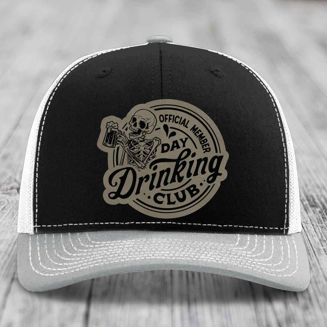 Official Member, Day Drinking Club - Leather Patch Hat - Light Brown to Black Patch - Richardson 112 Snapback Trucker Hat