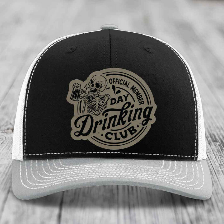 Official Member, Day Drinking Club - Leather Patch Hat - Light Brown to Black Patch - Richardson 112 Snapback Trucker Hat