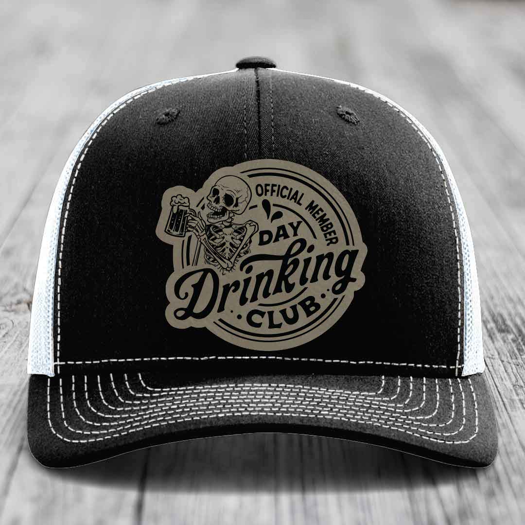 Official Member, Day Drinking Club - Leather Patch Hat - Light Brown to Black Patch - Richardson 112 Snapback Trucker Hat