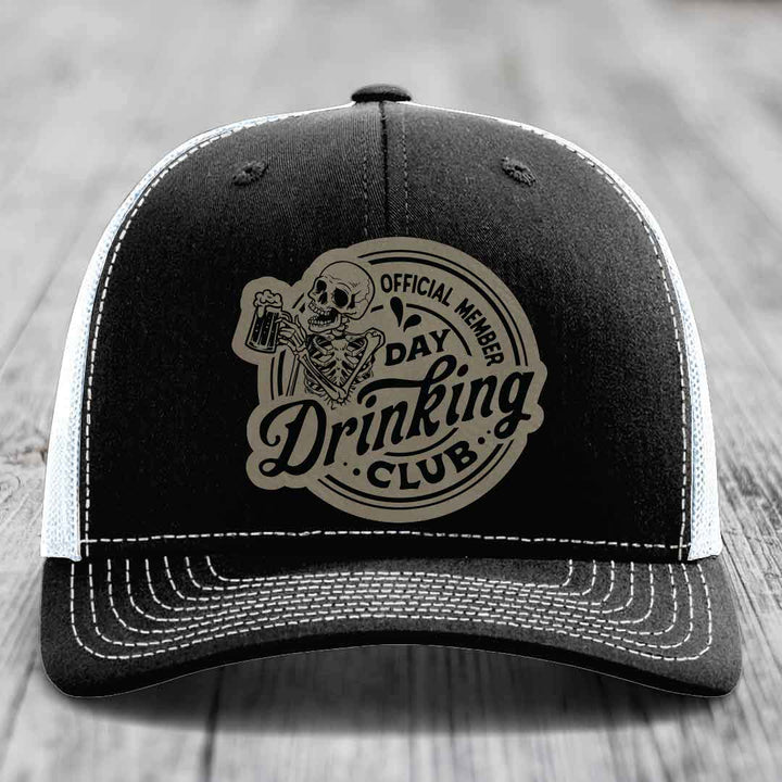 Official Member, Day Drinking Club - Leather Patch Hat - Light Brown to Black Patch - Richardson 112 Snapback Trucker Hat