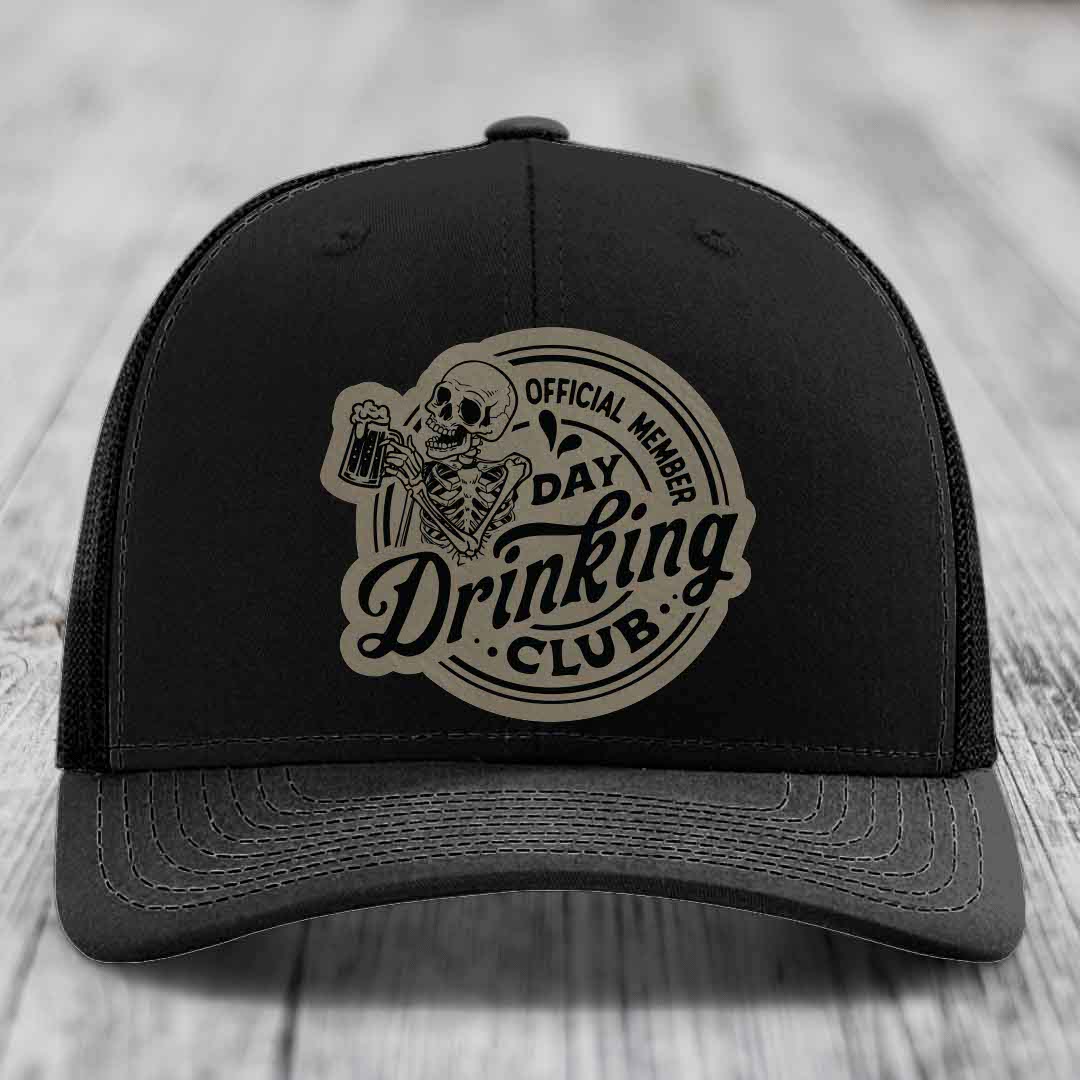Official Member, Day Drinking Club - Leather Patch Hat - Light Brown to Black Patch - Richardson 112 Snapback Trucker Hat