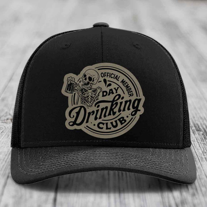 Official Member, Day Drinking Club - Leather Patch Hat - Light Brown to Black Patch - Richardson 112 Snapback Trucker Hat