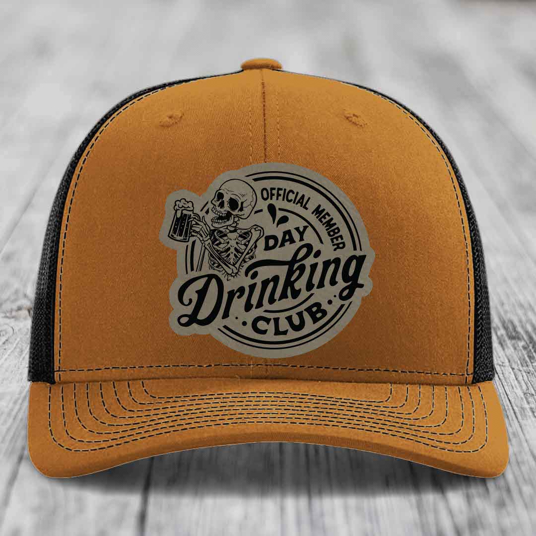 Official Member, Day Drinking Club - Leather Patch Hat - Light Brown to Black Patch - Richardson 112 Snapback Trucker Hat