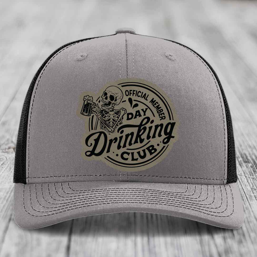 Official Member, Day Drinking Club - Leather Patch Hat - Light Brown to Black Patch - Richardson 112 Snapback Trucker Hat
