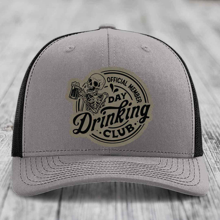 Official Member, Day Drinking Club - Leather Patch Hat - Light Brown to Black Patch - Richardson 112 Snapback Trucker Hat