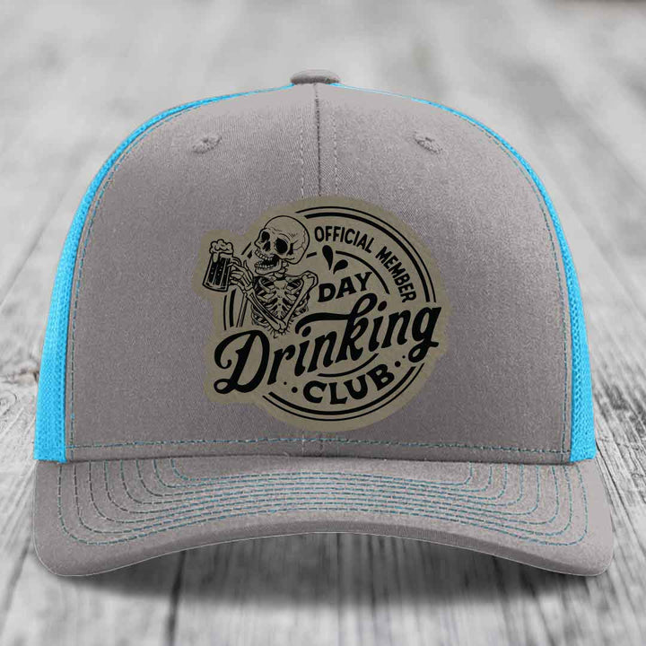 Official Member, Day Drinking Club - Leather Patch Hat - Light Brown to Black Patch - Richardson 112 Snapback Trucker Hat