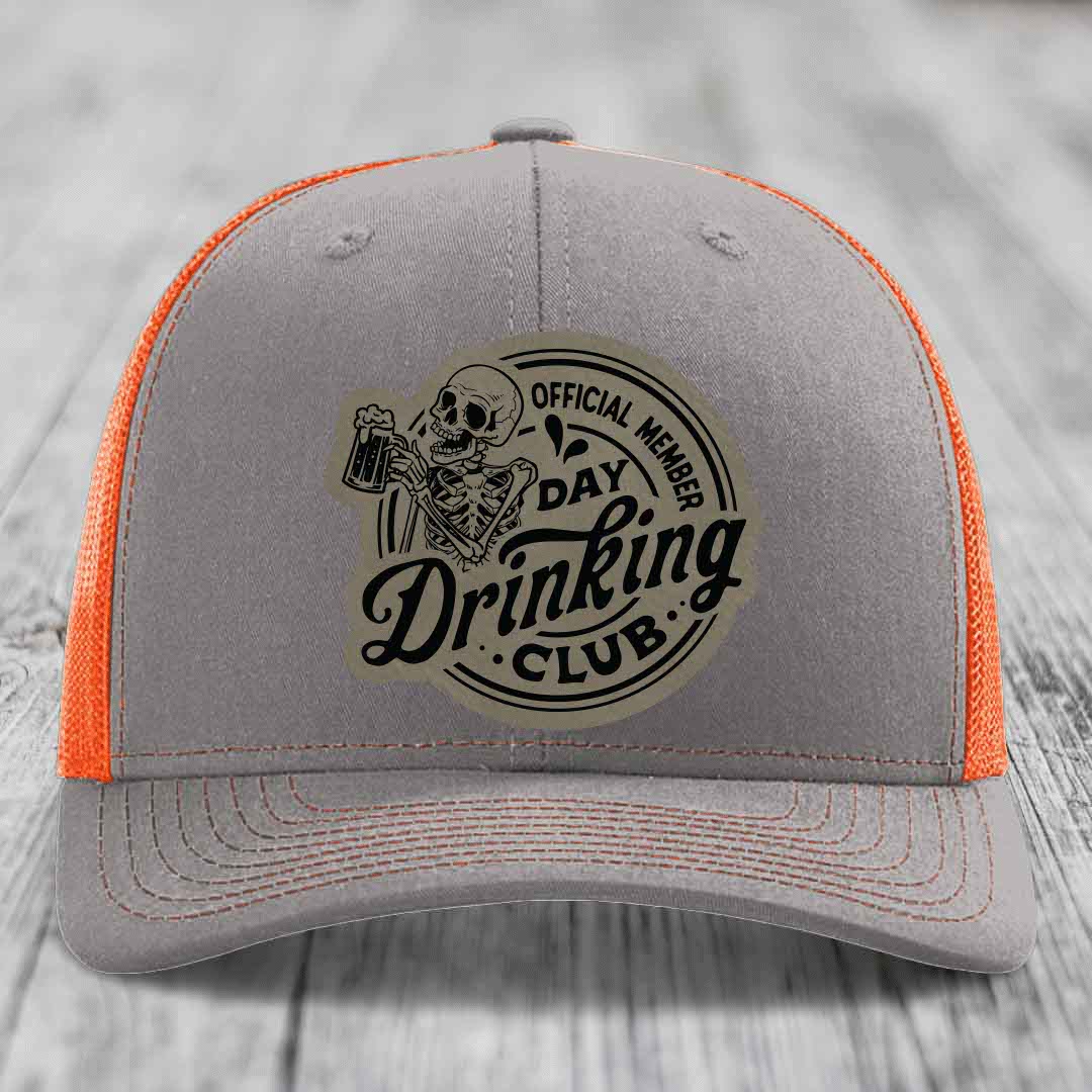 Official Member, Day Drinking Club - Leather Patch Hat - Light Brown to Black Patch - Richardson 112 Snapback Trucker Hat