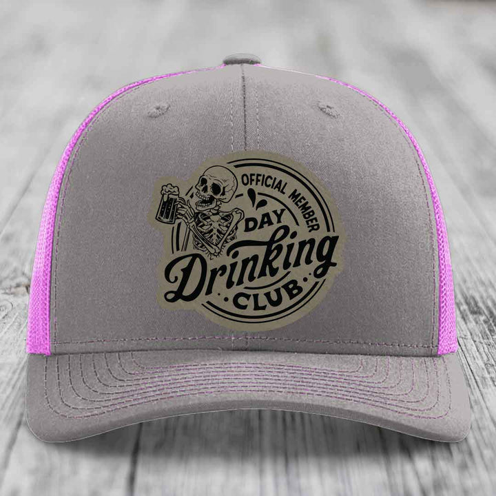 Official Member, Day Drinking Club - Leather Patch Hat - Light Brown to Black Patch - Richardson 112 Snapback Trucker Hat