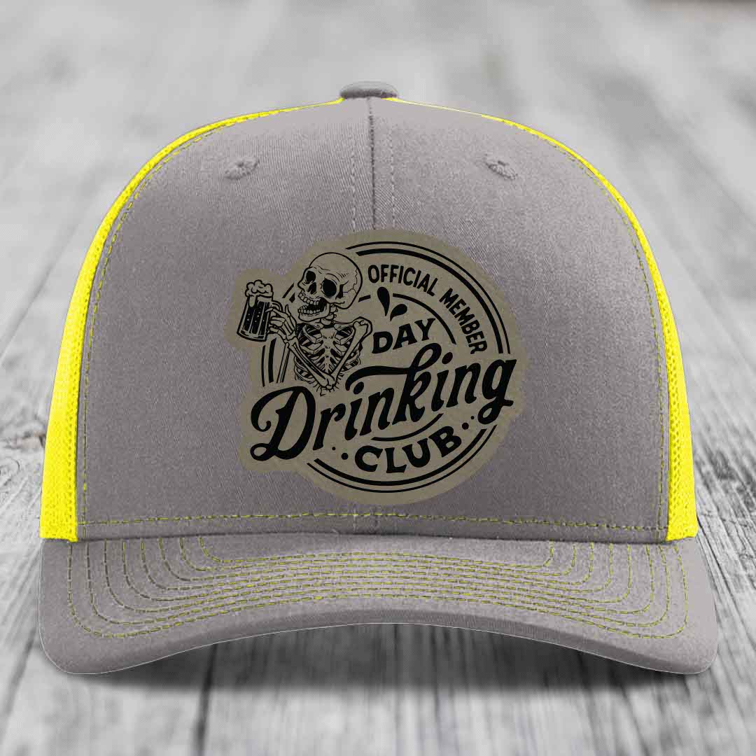 Official Member, Day Drinking Club - Leather Patch Hat - Light Brown to Black Patch - Richardson 112 Snapback Trucker Hat