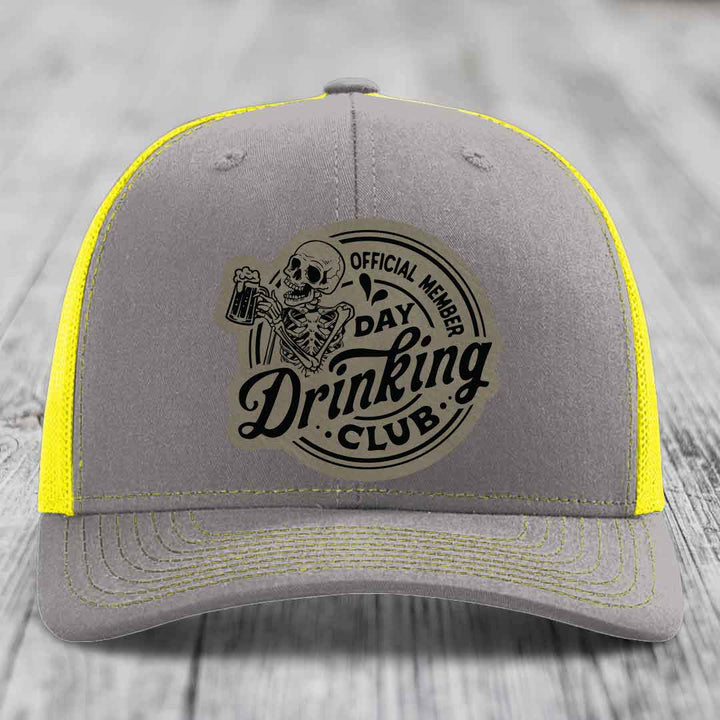 Official Member, Day Drinking Club - Leather Patch Hat - Light Brown to Black Patch - Richardson 112 Snapback Trucker Hat
