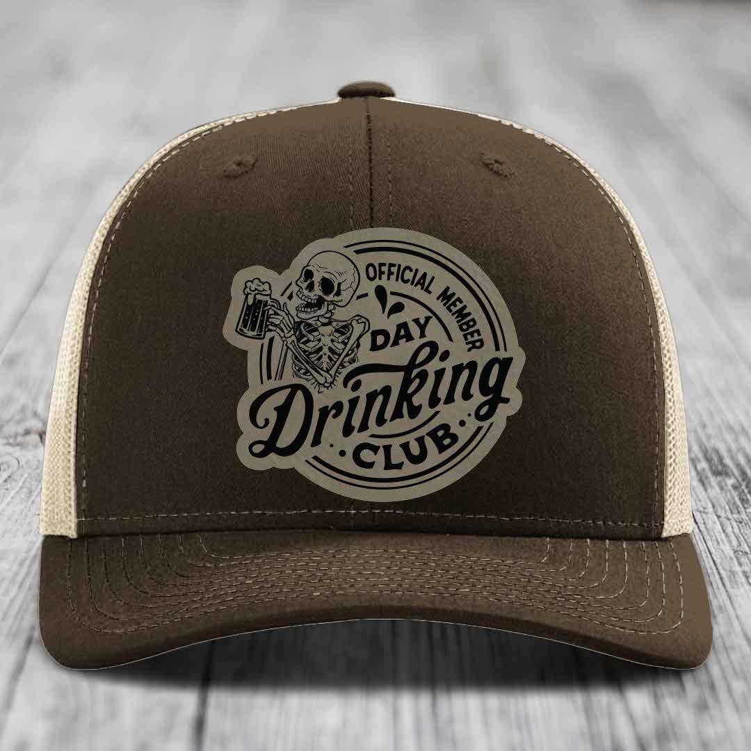 Official Member, Day Drinking Club - Leather Patch Hat - Light Brown to Black Patch - Richardson 112 Snapback Trucker Hat