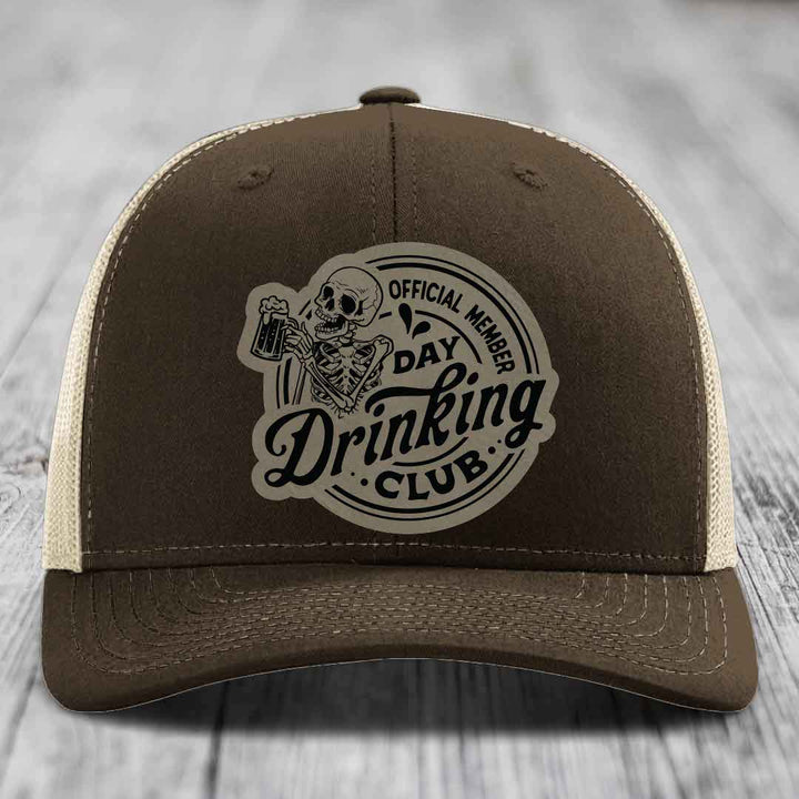 Official Member, Day Drinking Club - Leather Patch Hat - Light Brown to Black Patch - Richardson 112 Snapback Trucker Hat