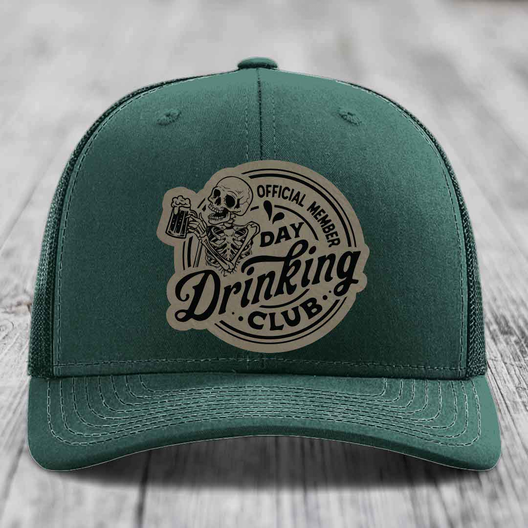 Official Member, Day Drinking Club - Leather Patch Hat - Light Brown to Black Patch - Richardson 112 Snapback Trucker Hat