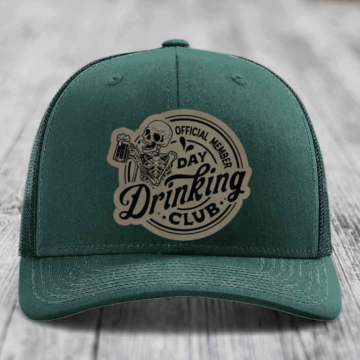 Official Member, Day Drinking Club - Leather Patch Hat - Light Brown to Black Patch - Richardson 112 Snapback Trucker Hat