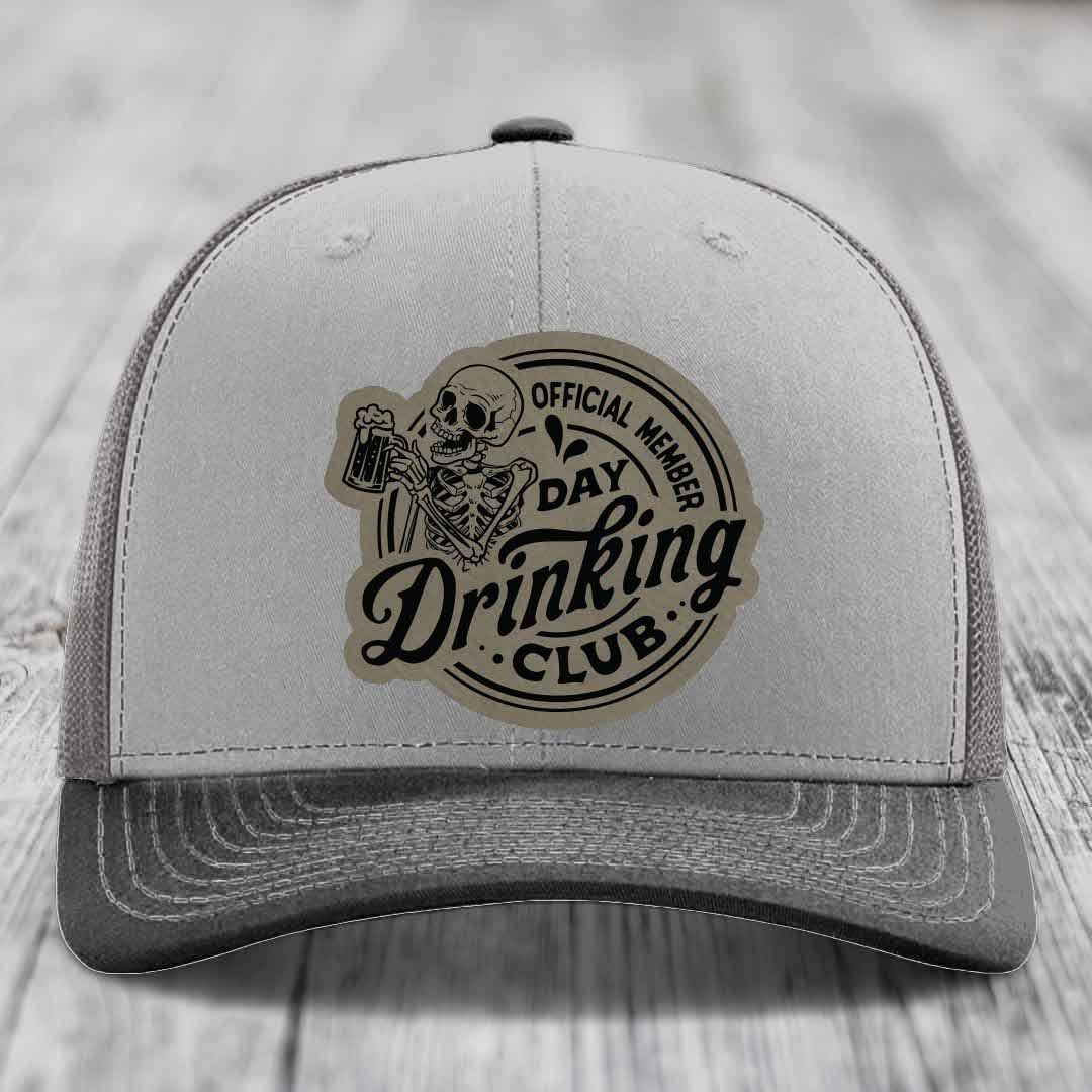 Official Member, Day Drinking Club - Leather Patch Hat - Light Brown to Black Patch - Richardson 112 Snapback Trucker Hat