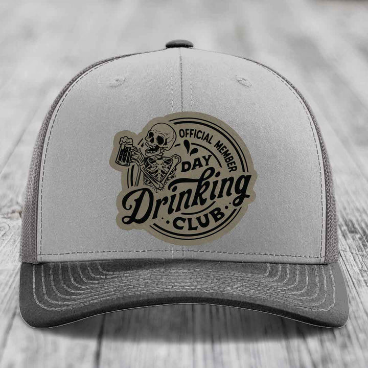 Official Member, Day Drinking Club - Leather Patch Hat - Light Brown to Black Patch - Richardson 112 Snapback Trucker Hat