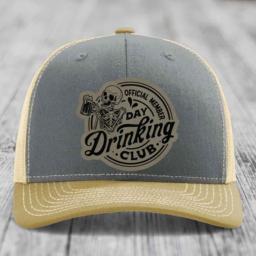 Official Member, Day Drinking Club - Leather Patch Hat - Light Brown to Black Patch - Richardson 112 Snapback Trucker Hat