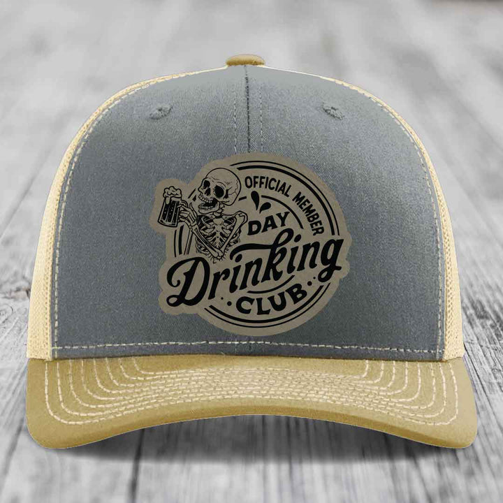 Official Member, Day Drinking Club - Leather Patch Hat - Light Brown to Black Patch - Richardson 112 Snapback Trucker Hat