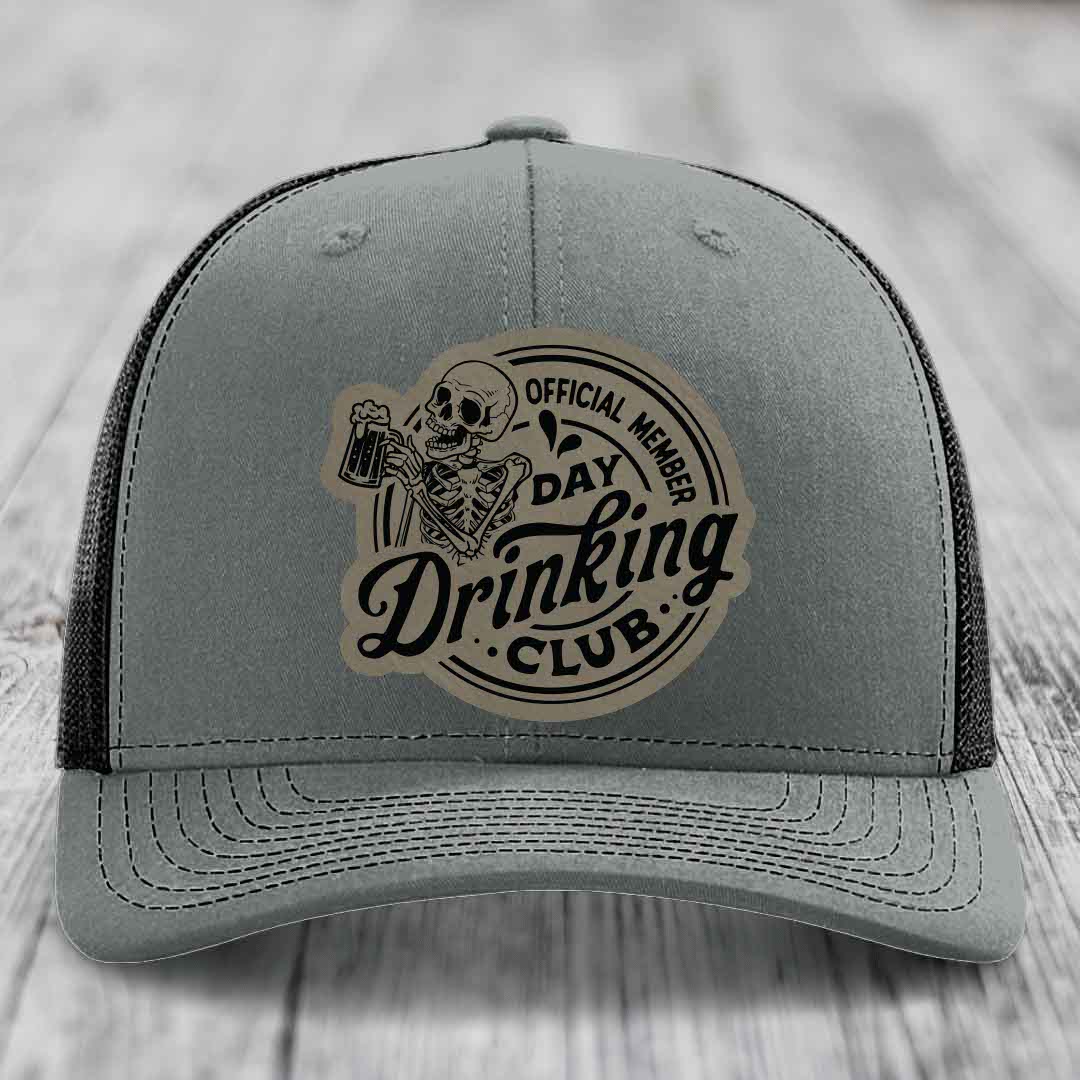 Official Member, Day Drinking Club - Leather Patch Hat - Light Brown to Black Patch - Richardson 112 Snapback Trucker Hat