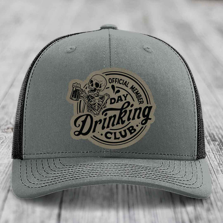 Official Member, Day Drinking Club - Leather Patch Hat - Light Brown to Black Patch - Richardson 112 Snapback Trucker Hat