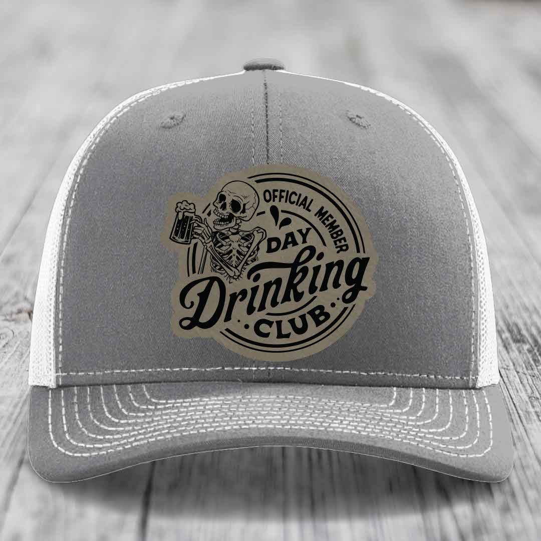 Official Member, Day Drinking Club - Leather Patch Hat - Light Brown to Black Patch - Richardson 112 Snapback Trucker Hat