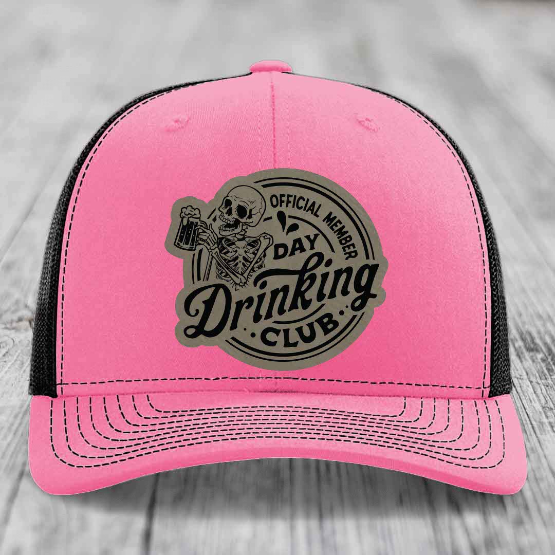 Official Member, Day Drinking Club - Leather Patch Hat - Light Brown to Black Patch - Richardson 112 Snapback Trucker Hat